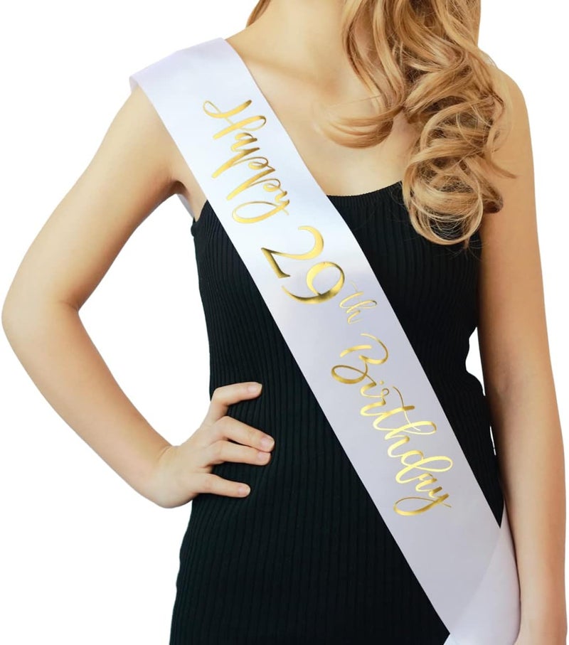 Docooniver Happy 29th Birthday Sash for Women,Men,Girls and Boys,It's my 29th Birthday Sash White with Gold Foil Lettering. - Image 1